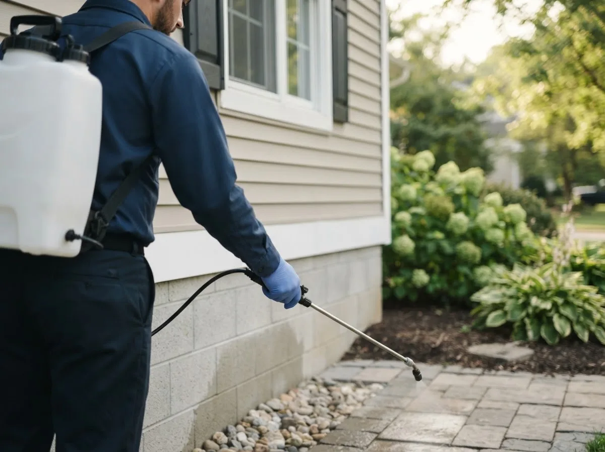 Pest control technician inspecting a home in Martins Ferry, OH